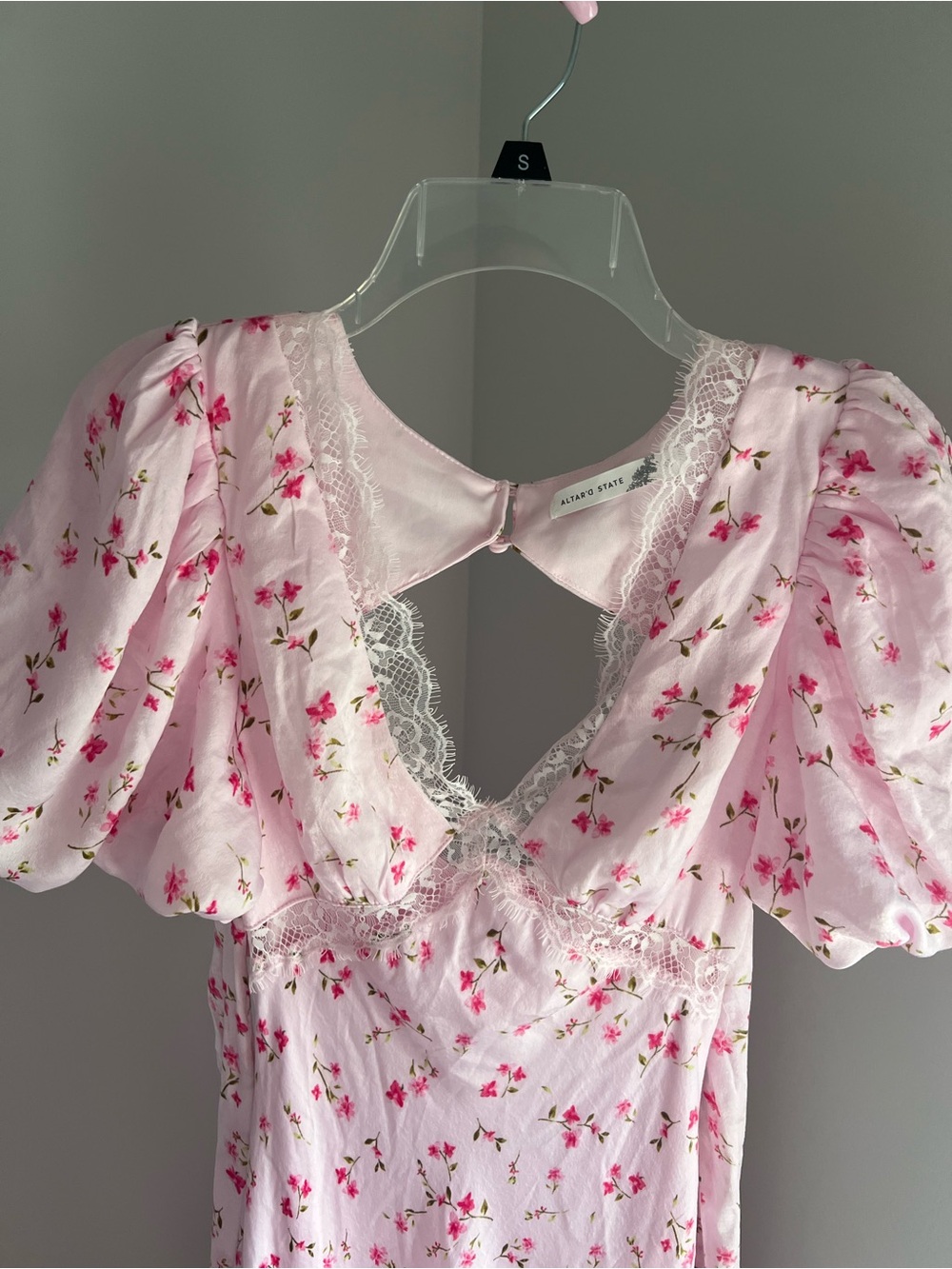 Altar'd State Pink Floral V-Neck Dress with Lace Trim